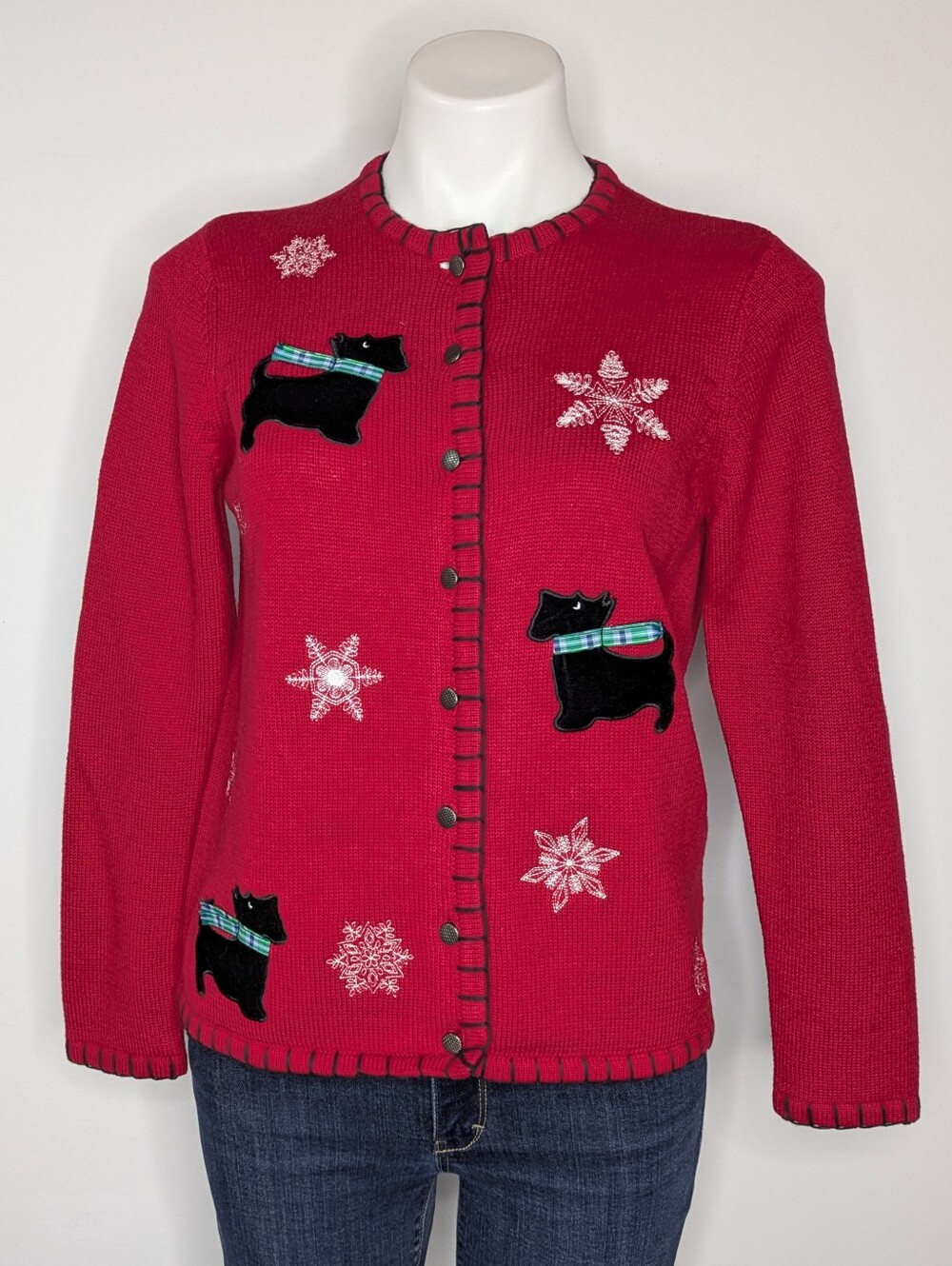 Vintage Casual Corners Red Black Scottish Terrier Winter Christmas Cardigan SP